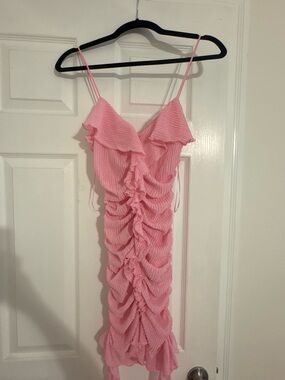 Pink Ruffle Ruched Spaghetti Strap Dress